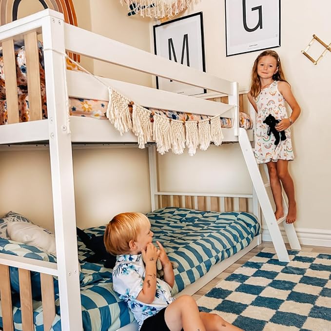 Max & Lily Low Bunk Bed, Scandinavian Modern Bunk Bed, Solid Wood Twin-Over-Twin Bed Frame for Kids, No Box Spring Needed, Blonde/White