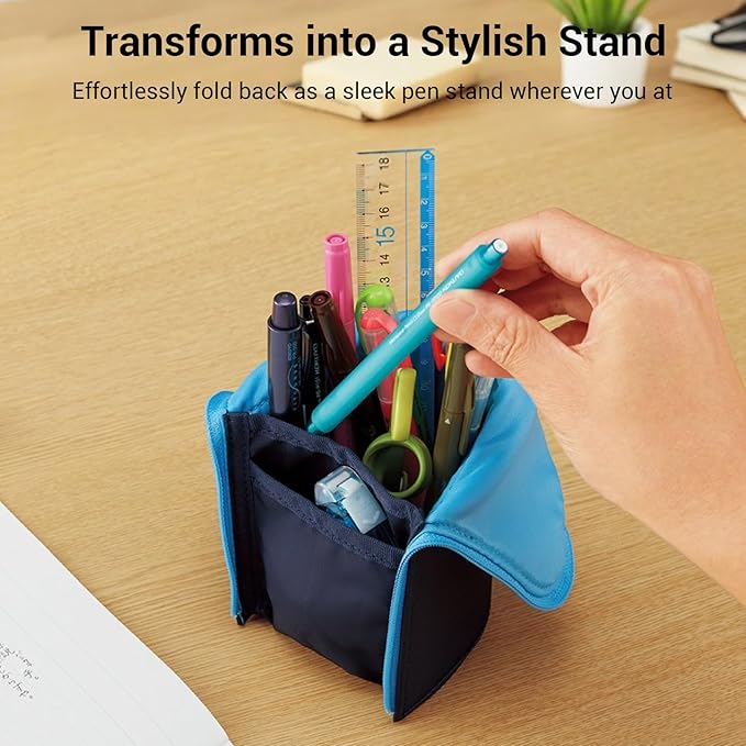 KOKUYO Pencil Case Pouch, Neo Critz Standing Pen Pouch Bag, Foldable Stand up Pencil Holder Organizer, Small Portable Pencil Box for School Office Supplies, Navy x Light Blue, Large Size (F-VBF181-2)