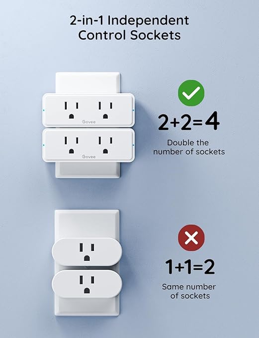 Govee Dual Smart Plug 4 Pack, 15A WiFi Bluetooth Outlet, Work with Alexa and Google Assistant, 2-in-1 Compact Design, Govee Home App Control Remotely with No Hub Required, Timer, FCC and ETL Certified