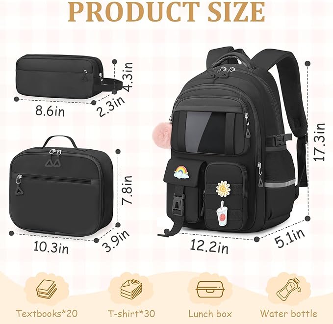 School Backpack for Girls - 5pcs Cute Girls Backpack with Lunch Box for Teens Kids Elementary Middle School - 17″ Students Bookbag Travel Back Pack for Age 6-18
