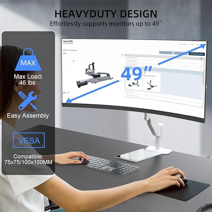 Suptek Ultrawide Monitor Arm Mount for 17 to 49 Inch Heavy Duty Curved Screen,Holds 46.2 lbs,Adjustable Gas Spring Monitor Arm Desk Mount Stand,75/100 Vesa Mount,White(MD71LW)