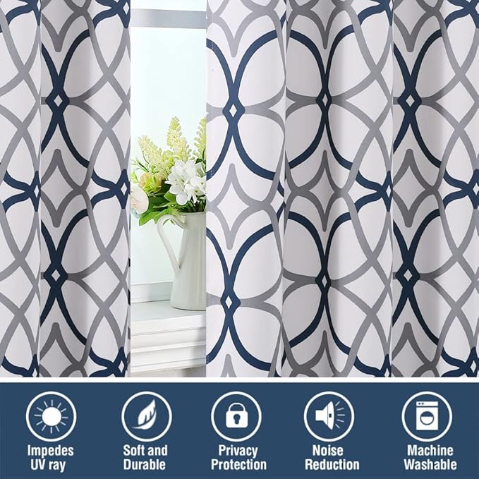 H.VERSAILTEX Blackout Curtains for Bedroom Printed Design 108 Inch Length Thermal Insulated Curtains for Living Room Geometric Modern Grommet Window Drapes 2 Panels Set, Dark Denim and Grey