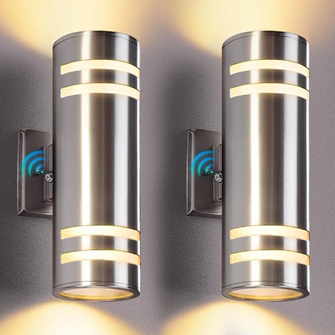 Dusk to Dawn Outdoor Wall Lights 2 Pack, Up Down Stainless Steel Exterior Lighting Fixtures with Photocell Sensor, Waterproof Outdoor Sconce Lights for House Porch Garage Patio, LED Bulbs Included