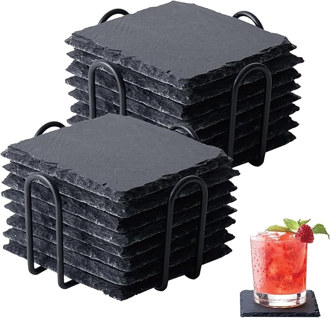 16 Pack Stone Coaster Set with Metal Stand 4-inch Square Laser-Engraved Black Stone Coasters with Protective Pads on The Bottom Ideal for Home,bar, and Gift Occasions (Weddings, housewarmings)