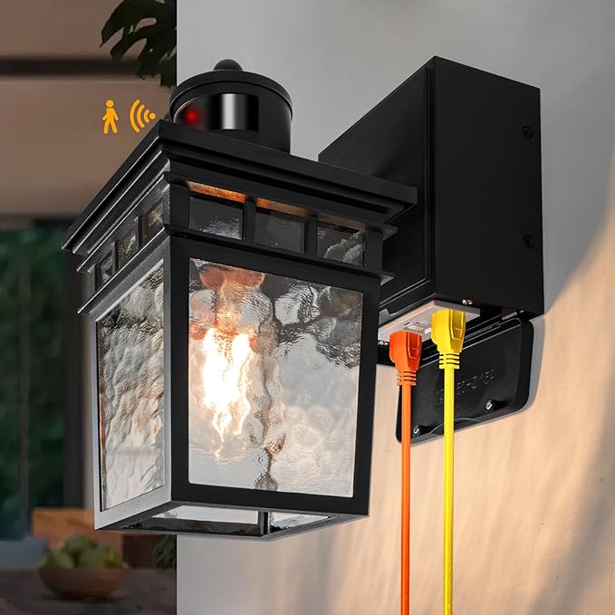Porch Light Outdoor with GFCI Outlet - 3 Lighting Modes Exterior Light Fixture, Dusk to Dawn Motion Sensor Wall Mount Outside Lights for House,Garage,Front Door, Patio