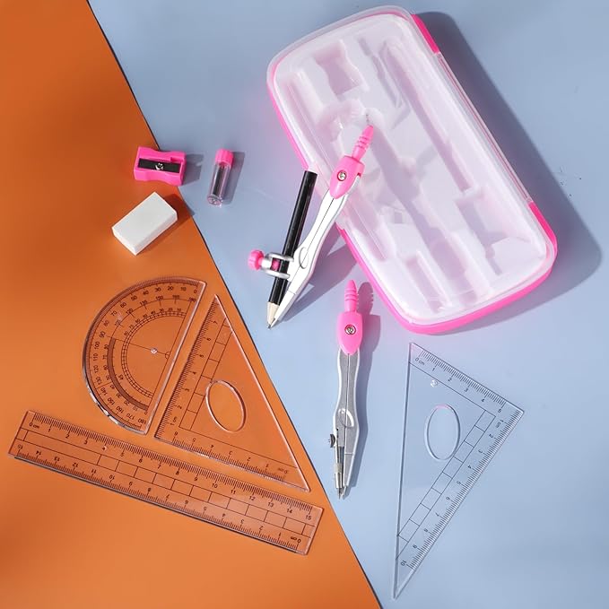 Zonon Math Geometry Set 10 Pcs Student Supplies with Shatterproof Storage Box, Includes Rulers Protractor Compass Pencil Sharpener Lead Refills Eraser Pencil for Drafting and Drawings(Pink)