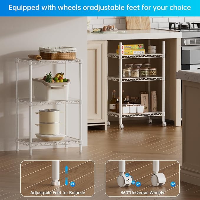 SINGAYE 3 Small Shelves Storage Shelf Wire Shelving Unit Metal Shelf Adjustable Organizers Storage Shelving with Wheels for Bathroom Laundry Room Kitchen Pantry11.5”D x 17.3”W x 30”H White