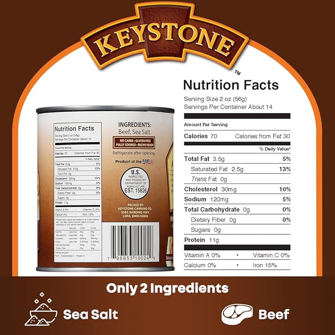 Keystone Meats All Natural Heat and Serve Ground Beef 28 oz – Fully Cooked Canned Meat – Ready to Eat – 5-Year Shelf Life – Pantry Staple for Everyday Meals, Emergency Survival Canned Food – Made in USA – Pack of 6
