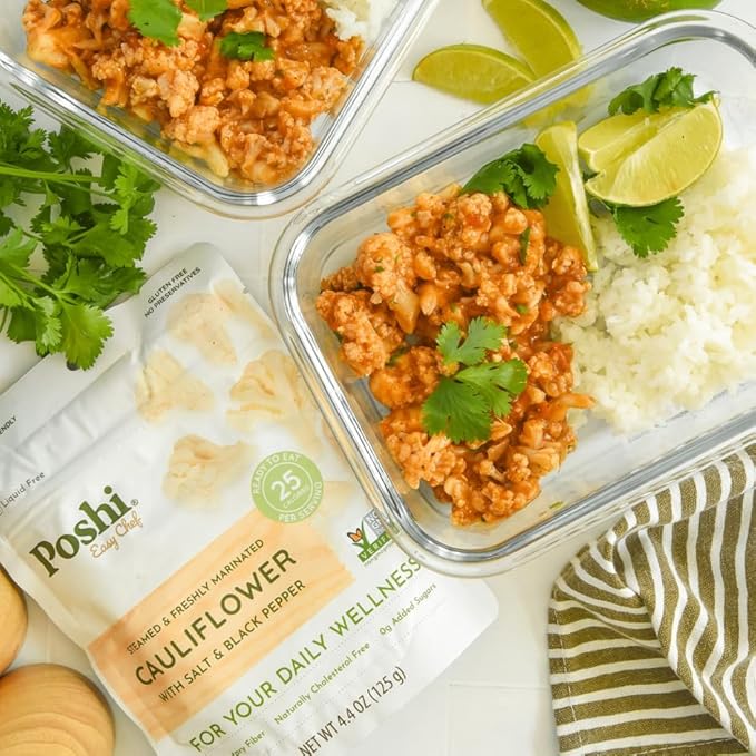 POSHI Marinated Cauliflower Florets with Salt + Black Pepper Natural, Keto, Vegan, Non GMO, Low Carb + Calorie, Gluten Free Ready to Eat Fully Cooked Vegetables, Pentry Food, Gourmet, 6 Pack, 4.4 oz