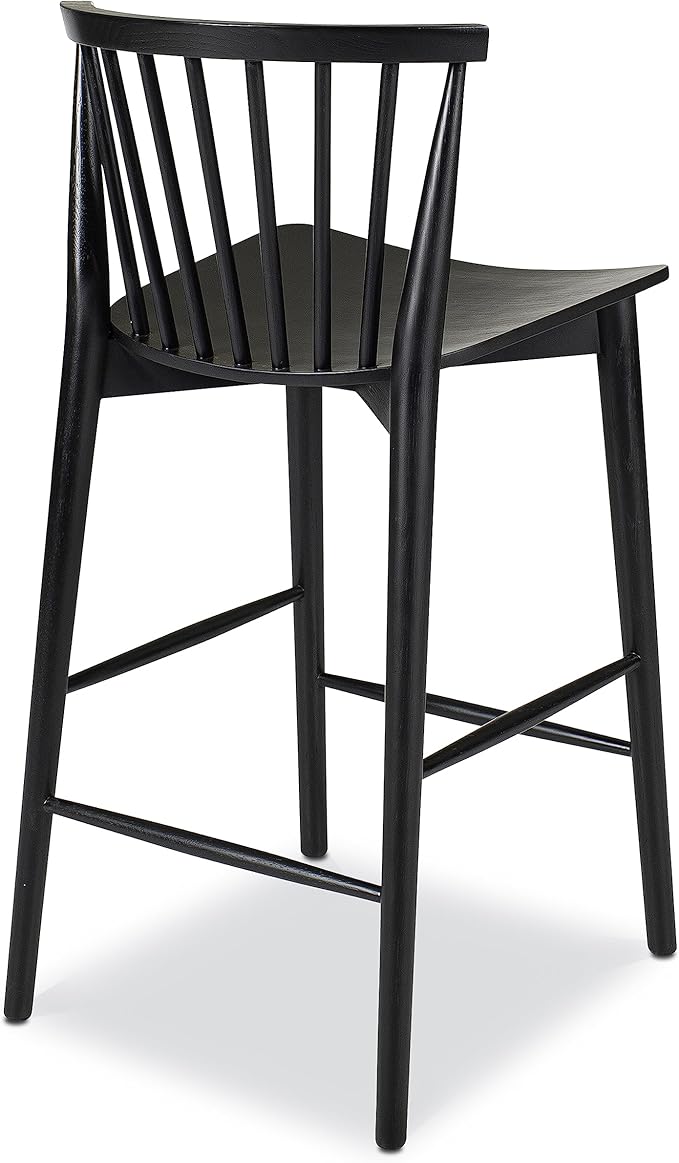 POLY & BARK Ligna Counter Stool Black – Mid-Century Inspired Stool with Sculpted Spindle Back – Solid American Oak Frame and Engineered Wood Veneered Seat – Fully Assembled and Ready to Use