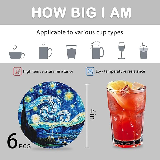 Coasters for Drinks Absorbent with Holder,Abstract Starry Sky Sets of 6 Durable Cup Coaster for Coffee Table Protection,Great Housewarming Birthday Gifts,Home Decor