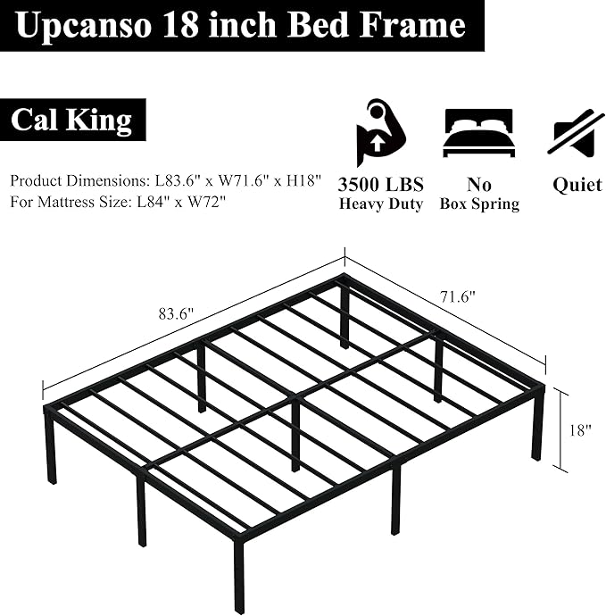 18 Inch California King Bed Frames No Box Spring Need, Platform Cal King Bed Frame with High Storage, Eassy Assembly 3,500 Lbs Heavy Duty Bedframes, Black