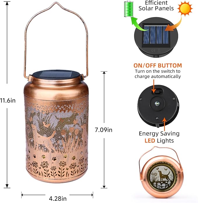 2Pack Dog Solar Lanterns Outdoor Waterproof Garden Decor Solar Lights Birthday Gifts for Women Mom Grandma Hanging Lantern LED Light Metal Dog Decoration Outside for Yard,Lawn,Porch,Patio,Tabletop