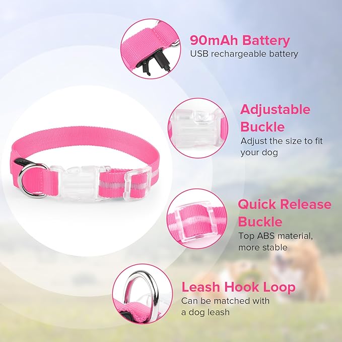 Light Up Dog Collar, Adjustable USB Rechargeable Glow in Dark Dog Collar ，Waterproof Dog Collars for Large Dogs (Pink, Large)