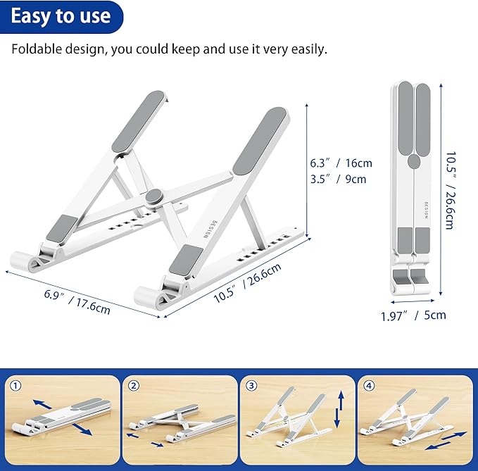 BESIGN LS01 Pro Ergonomic Laptop Stand, Plastic Laptop Riser, Portable and Adjustable Notebook Computer Holder Compatible with 10-14" Laptops (White)