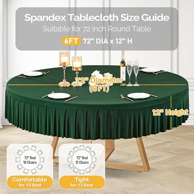 6 Pack Hunter Green Spandex Round Tablecloths for 72in Table, Stretchy Fitted 6FT Round Table Cloths, Wrinkle Free Table Cover with Skirt for Wedding Birthday Party Bridal Shower Banquet