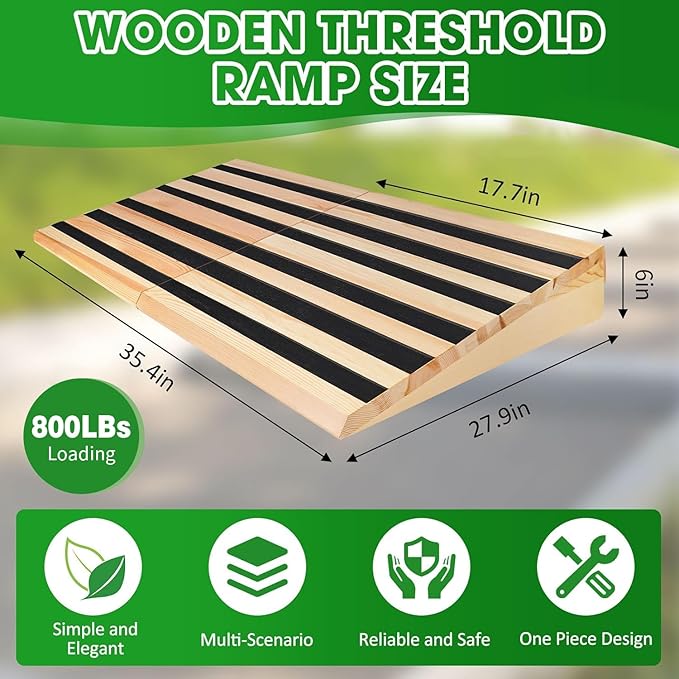 6" Rise Wooden Threshold Ramp for Home Steps, Door Ramp for Wheelchair/Walker/Cart/Scooter, Multipurpose Door Ramp with Non-Slip Stripes(35.4" W*6.0" H, Solid Wood, 800LBs Capacity)