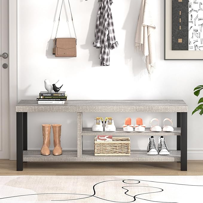 FOLUBAN Storage Bench, Vintage Wood Shoe Bench for Entryway Hallway, Industrial Indoor Shoe Rack Seat for Bedroom, Living Room, Light Grey, 43.3 Inch