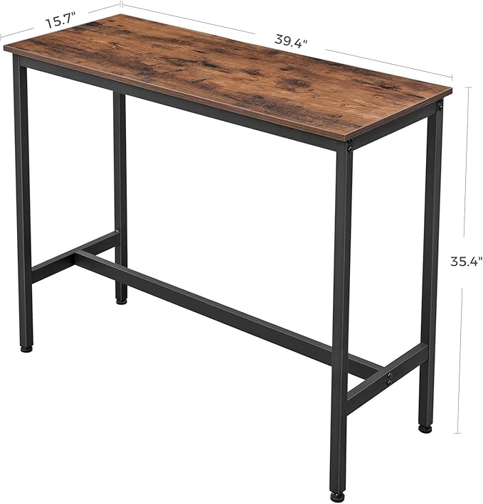 VASAGLE Bar Table, Narrow Long Kitchen Dining Table, Sturdy Metal Frame, Industrial, 15.7 x 39.4 x 35.4 Inches, Rustic Brown and Ink Black ULBT10X