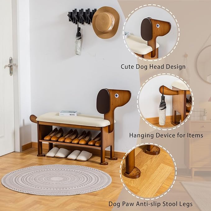 Shoe Bench – 2-Tier Wooden Entryway Organizer Cute Dog-Shaped with Pet-Inspired Design, 31.5inchs Hallway & Living Room Bench