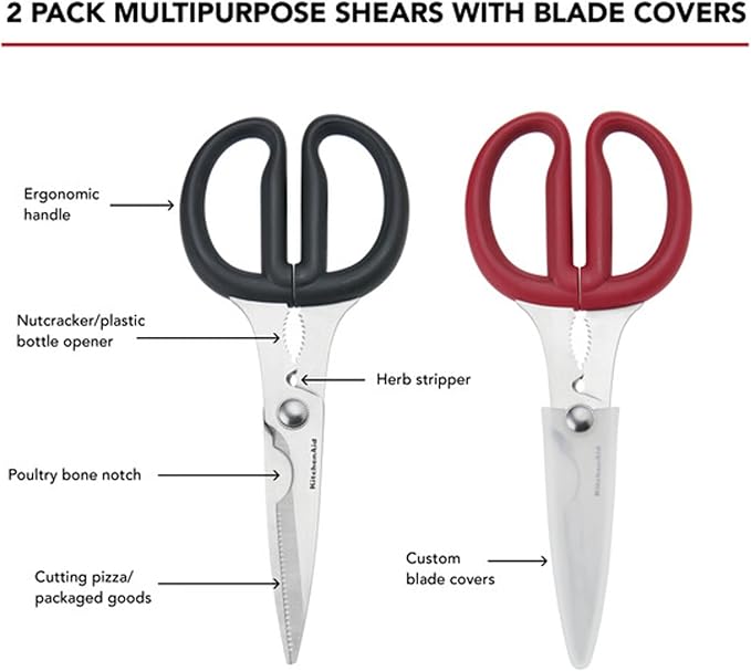 KitchenAid Multipurpose Shear Set, Versatile Scissors with Nutcracker, Bottle Opener, Ergonomic Handles with Protective Blade Covers, 2 Piece