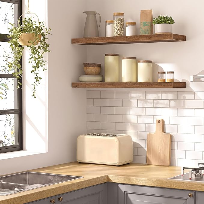 HOOBRO Floating Shelves for Wall, Wall Mounted Shelf Set of 2, 31.5" Hanging Shelf with Invisible Brackets, for Wall in Bathroom, Bedroom, Toilet, Kitchen, Living Room, Office, Rustic Brown BF80BJP201