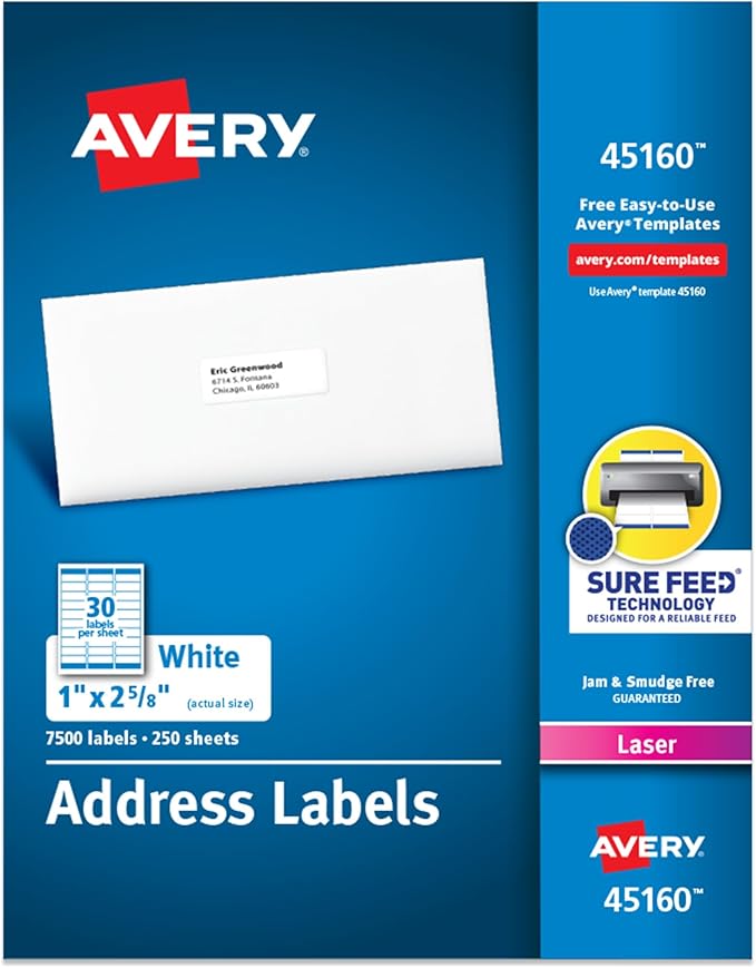 Avery Easy Peel Printable Address Labels with Sure Feed, 1" x 2-5/8" Customizable Stickers, White, 7,500 Blank Mailing Labels, Great for Mailing, Shipping, and More (45160)