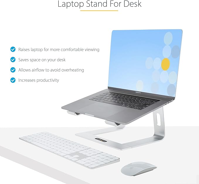 StarTech.com Laptop Stand for Desk, Supports 5kg/11lb, Aluminum, Silver, Ergonomic Laptop Riser, Portable Laptop Holder, Computer Stand for MacBook Air/Pro, Dell XPS, Lenovo (Laptop-Stand-Silver)