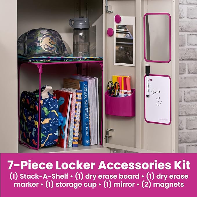 LockerMate 7-Piece Locker Organizer Kit, Includes Locker Shelf, Mirror, Whiteboard, Storage Cup & Dry Erase Marker, Pink
