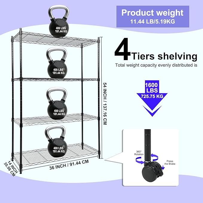 Whitmor 4 Tier Storage Shelving, Heavy Duty with Wheels, Adjustable Steel Organizer Wire Rack, 400 lbs Capacity per Shelf, Max 1600 lbs Total for Garage, Kitchen, Plant, 36" L x 14" W x 54" H, Black