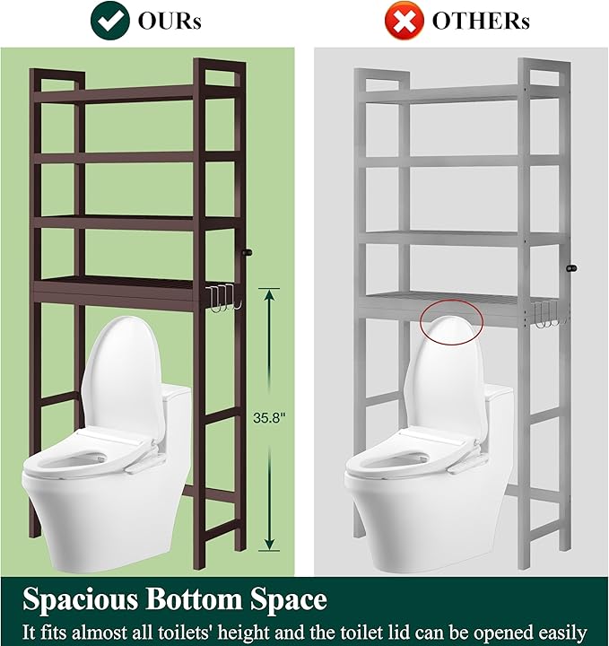 Smiry Over The Toilet Storage Cabinet, 4-Tier Bamboo Bathroom Organizers with Adjustable Shelf & 4 Hooks, Space Saving Shelf Rack for Bathrooms, Laundry Room, Balcony, Brown