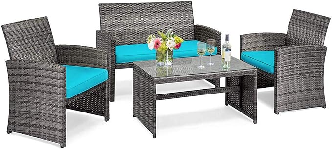 Tangkula 4 PCS Wicker Patio Conversation Set, Outdoor Rattan Sofas with Table Set, Patio Furniture Set with Soft Cushions & Tempered Glass Coffee Table for Poolside Balcony