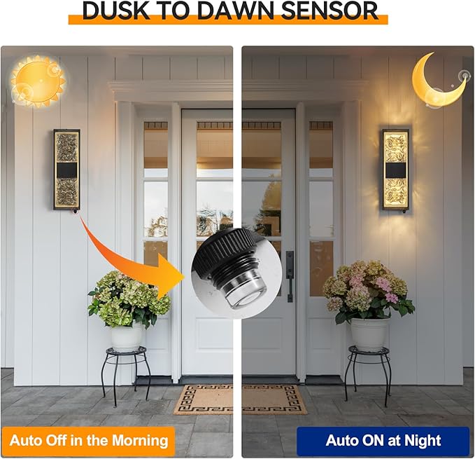 Dusk to Dawn Outdoor Lighting,Porch Lights Outdoor IP65 Waterproof Exterior Lighting Fixtures 12W LED Crystal Modern Outside Light for House Hallway Doorway Patio,14.2'' Back&Gold (1PCS)