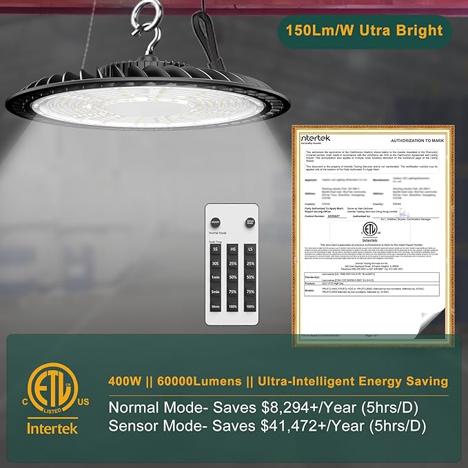 400W High Bay LED Lights with Motion Sensor, 60000LM Smart High Bay Shop Light, 𝐀𝐂𝟏𝟎𝟎-𝟐𝟕𝟕𝐕 UFO Commercial Lighting for Warehouse/Barn -4Pack