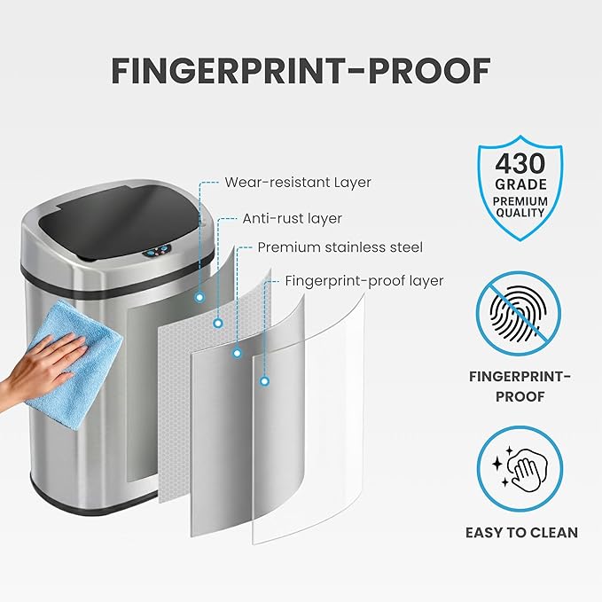 iTouchless 13 Gallon Oval Sensor Trash Can with Odor Filter, Fingerprint-Proof Stainless Steel, 50 Liter Automatic Kitchen Garbage Bin, Smart Hands-Free Motion Lid, Quiet Soft-Close, Brushed Silver