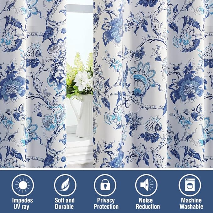 H.VERSAILTEX Blackout Curtains 63 Inch Length 2 Panels Set Floral Print Curtain Drapes for Living Room Thermal Insulated Grommet Window Curtains for Bedroom - Traditional Floral in Blue and White