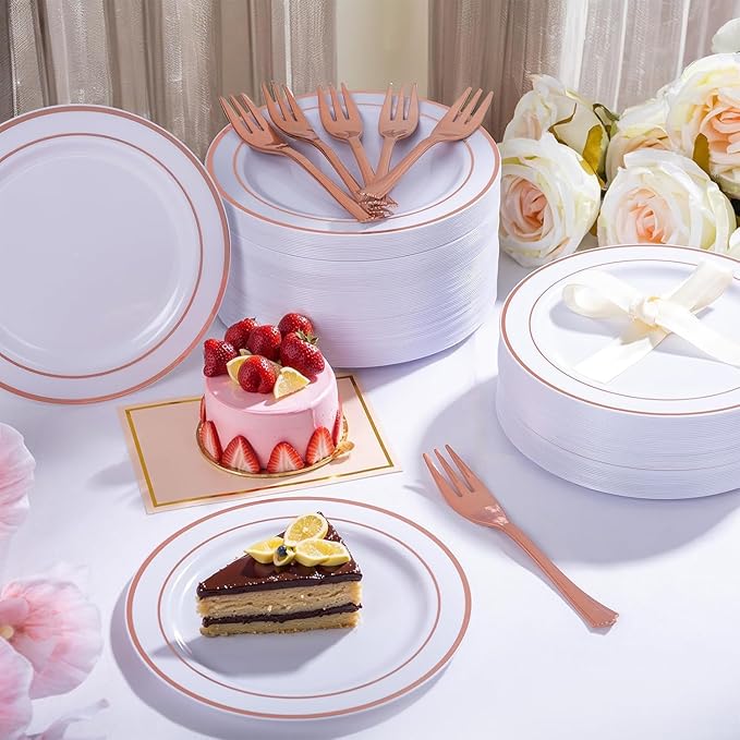 WELLIFE 240 Pieces Rose Gold Plastic Dessert Plates with Disposable Forks, Includes 120 Pcs Appetizers Plates 6.3 inch, 120 Pcs Rose Gold Forks, Perfect for Party and Weddings