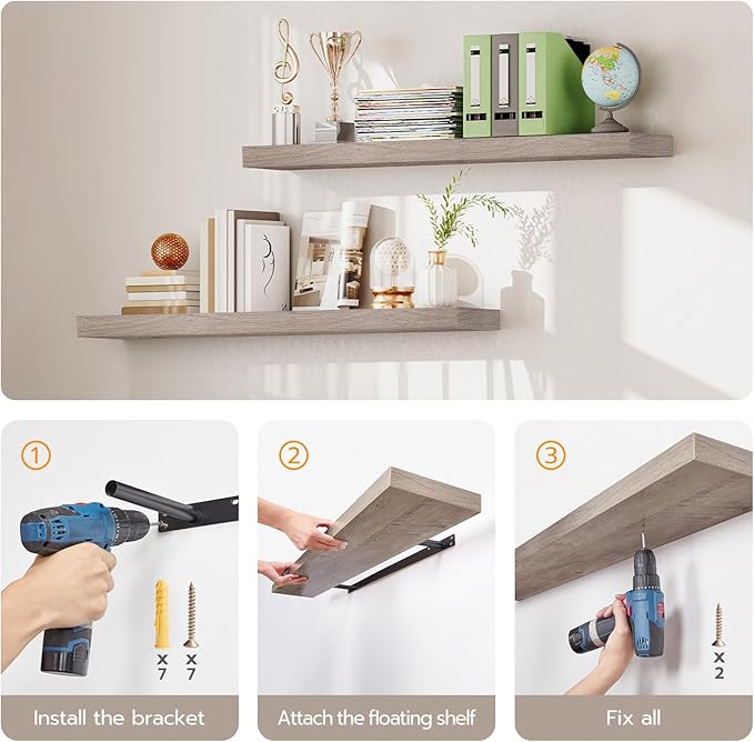 HOOBRO Floating Shelves for Wall, Wall Mounted Shelf Set of 2, 39.4" Hanging Shelf with Invisible Brackets, for Wall in Bathroom, Bedroom, Toilet, Kitchen, Living Room, Office, Greige BG100BJP201