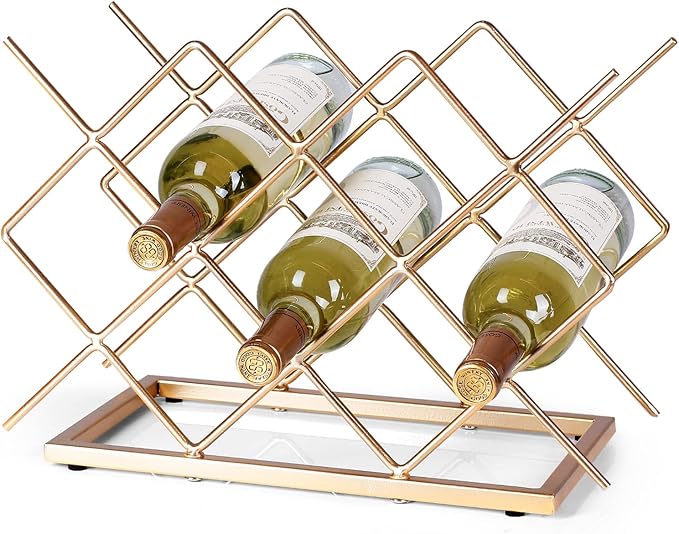 Countertop Wine Rack - 10 Bottle Freestanding Modern Gold Metal Small Wine Rack - Tabletop Wine Holder Stand for Cabinet, Pantry, Wine Bottle Storag…