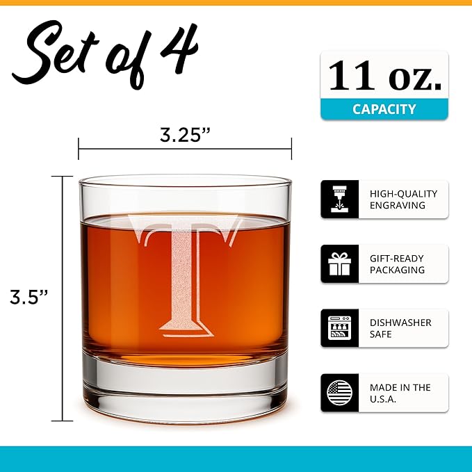 (T-Monogram)- 4 Piece Set of 11 Ounce Engraved Heavy Base Rocks Glasses Elegant Glass-Multi-Purpose Beverage-Rocks Glass- Gift for any Occasion- By: On The Rox