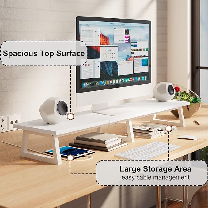 TEAMIX White Dual Monitor Riser for 2 Monitors-42inch, Wood Desktop Dual Stand with Metal Legs, Long Screen/PC/Laptop Storage,Computer Shelf TV Holder Home Office