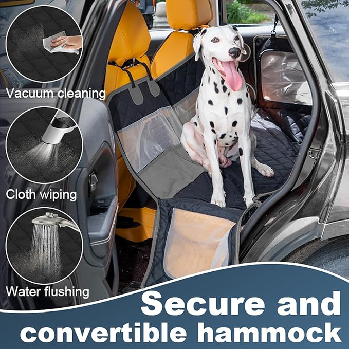 Dog Car Seat Cover, 4-Layer Waterproof Back Seat Protector with Mesh Windows,3 Accessories Pockets Nonslip Pet Hammock Style for Cars Trucks SUVs, Include 1 Dog Safety Belt (Black-Grey)