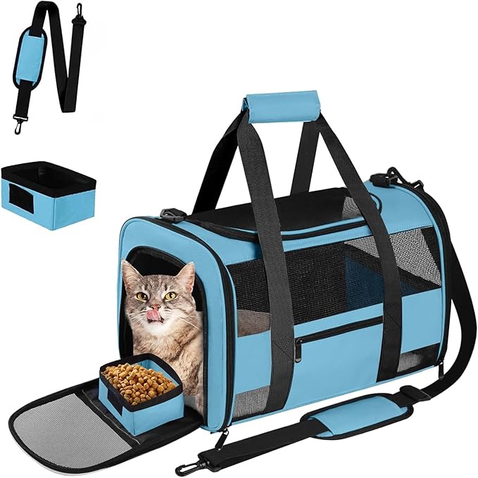 Airline Approved Pet Carrier Backpack for Cats & Dogs, Expandable Collapsible Cat Carrier with Breathable Mesh & Safety Leash, Portable Dog Travel Carrier for Hiking/Car/Train Blue