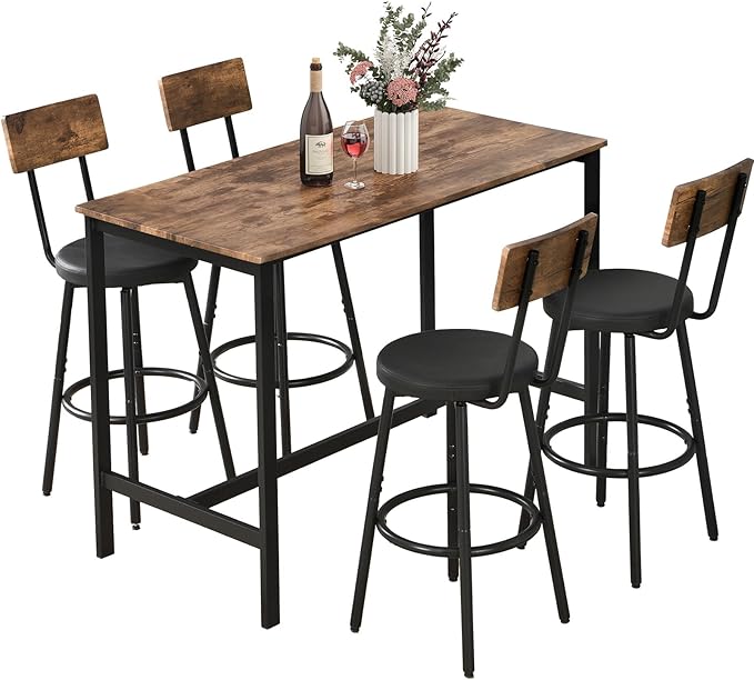 Dining Table Set for 4, 5-Piece Bar Table Set, Kitchen Table and Chairs, Counter Height High Top Table with 4 PU Upholstered Stools, Space-Saving Pub Table Sets for Small Space, Brown