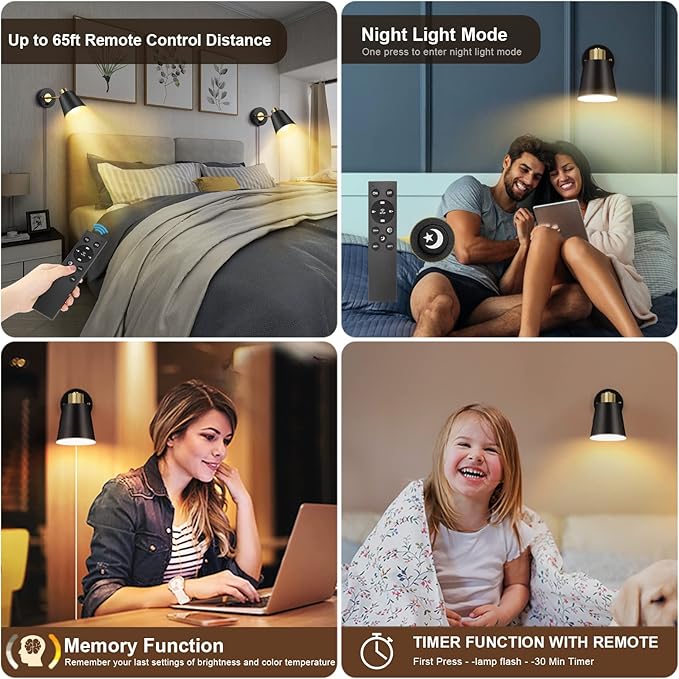 Wall Sconce Plug in, Remote Control Dimmable Wall Sconces and Adjustable Color Temperature 2700K-6000K Wall Lights with Plug in Cord, Wall Mounted Light for Bedroom Bedside(2 Pack, 2 Bulbs)
