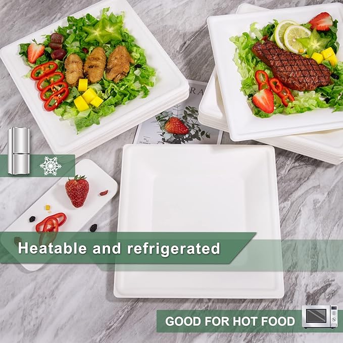 SUT 10-Inch Compostable Paper Plates, 100 PCS Square Biodegradable Bagasse Plates, Heavy-Duty Microwaveable Plates, Eco-Friendly Natural Disposable Plates, Made of Sugarcane Fibers, for Party, Picnic
