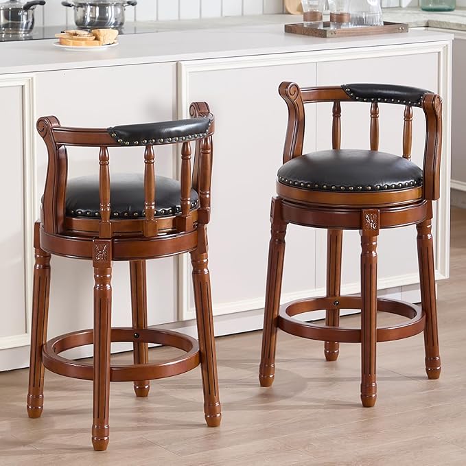 Cow top Leather Wooden Bar Stools, 360 Degree Swivel Bar Height Chair with Backs for Home Kitchen Counter, Morden Chair Barstools (Black-2pc, Counter Height-Seat Height 26”)