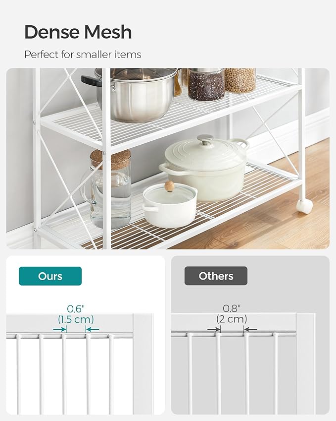 SONGMICS 3-Tier Metal Storage Rack with Wheels, Mesh Shelving Unit with X Side Frames, 31.5-Inch Width, for Entryway, Kitchen, Living Room, Bathroom, Industrial Style, White UBSC183W01
