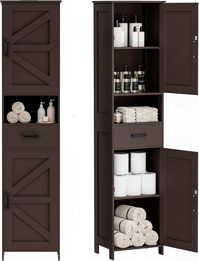 Homhedy 67" H Tall Bathroom Storage Cabinet with 2 Barn Doors and 1 Drawer, Narrow Storage Unit, Adjustable Shelves, Floor Cabinet for Bathroom, Living Room, Entryway, Kitchen, Brown, (15.7" W)