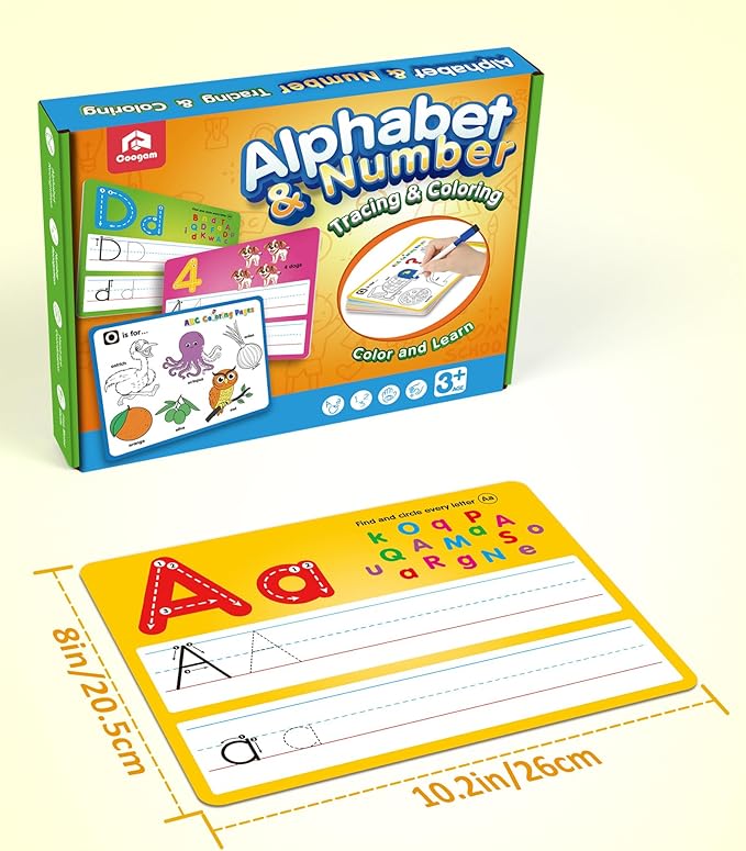 Coogam Handwriting Drawing Practice Cards, 36pcs Alphabet Number Painting Coloring with Pens, Double Sided Write and Wipe Tracing Flashcards, Educational Montessori Toy Gift for 3 4 5 Year Old Kids